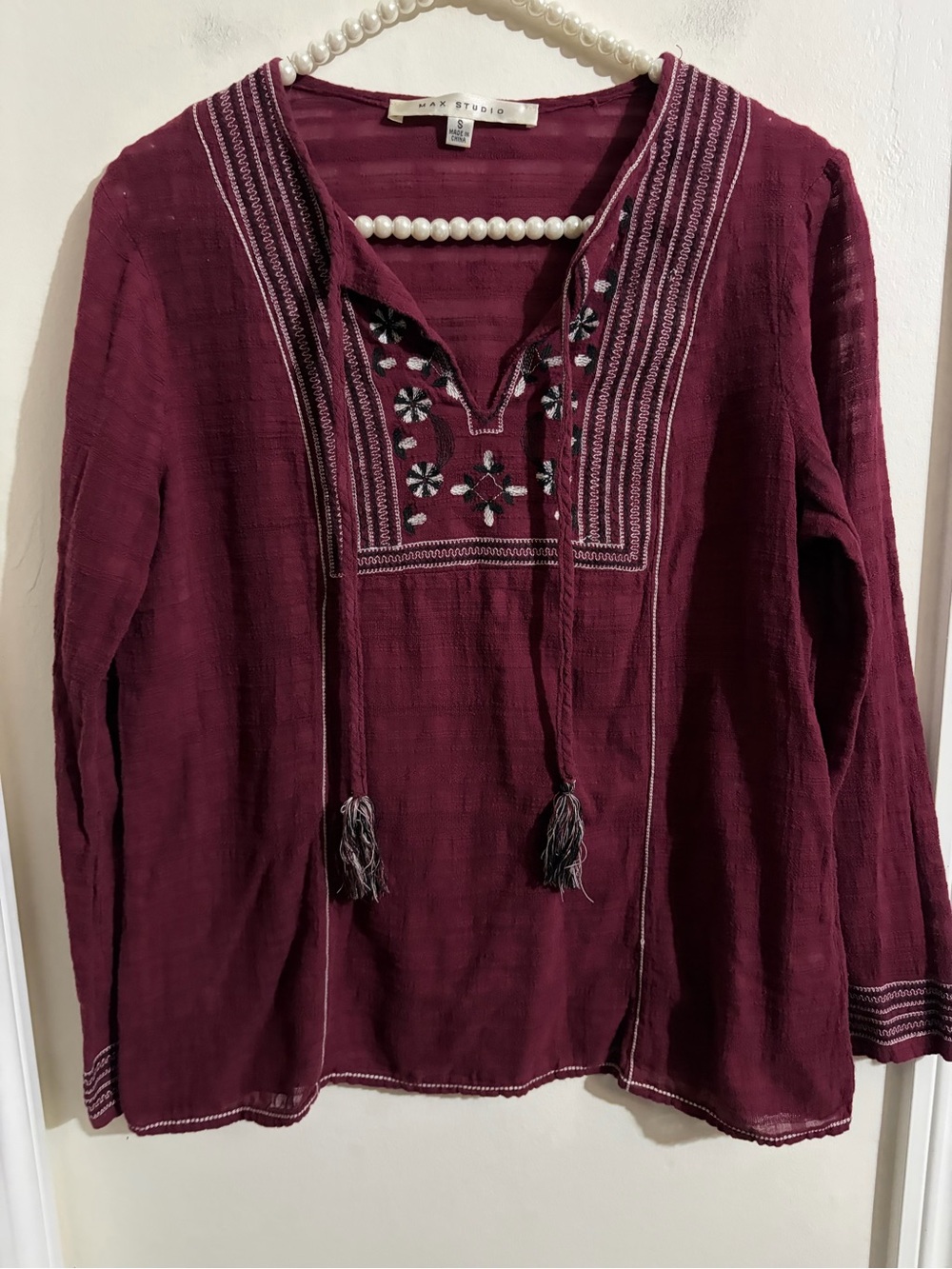 Max Studio Burgundy Embroidered Peasant Tunic